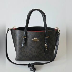 Coach Brown Signature Bucket Bag with Black Handles